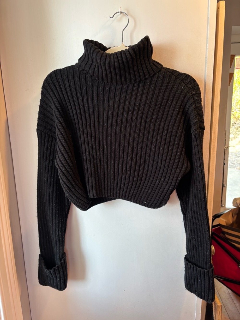 Zara Black Ribbed Cropped Turtleneck Sweater